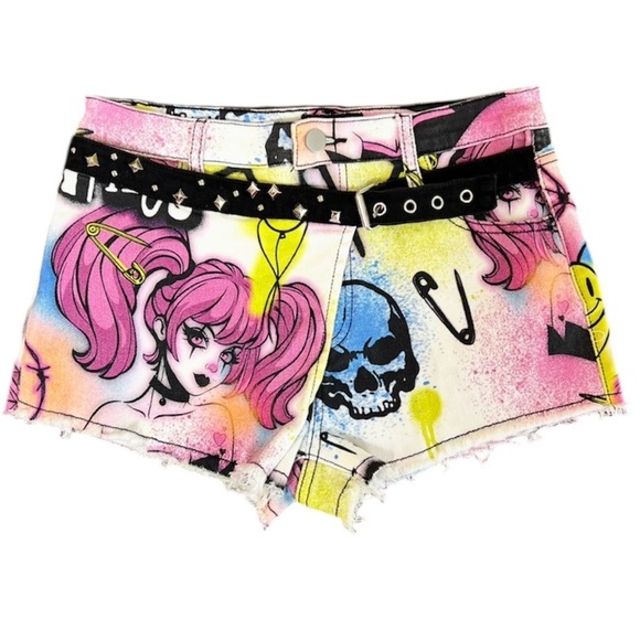 Dolls Kill Pants - DOLLS KILL Current Mood X Delia’s Graffiti Denim Shorts Attached Belt Size Med